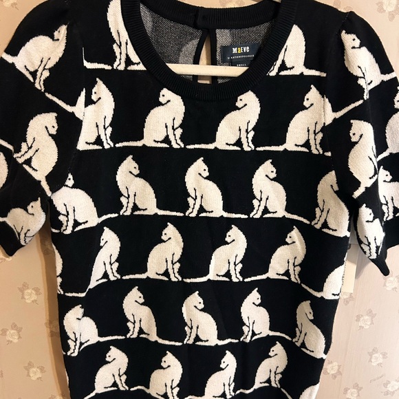 Anthropology Maeve Cat Sweater Top S Black White Kitty Knit NWT - Picture 8 of 10